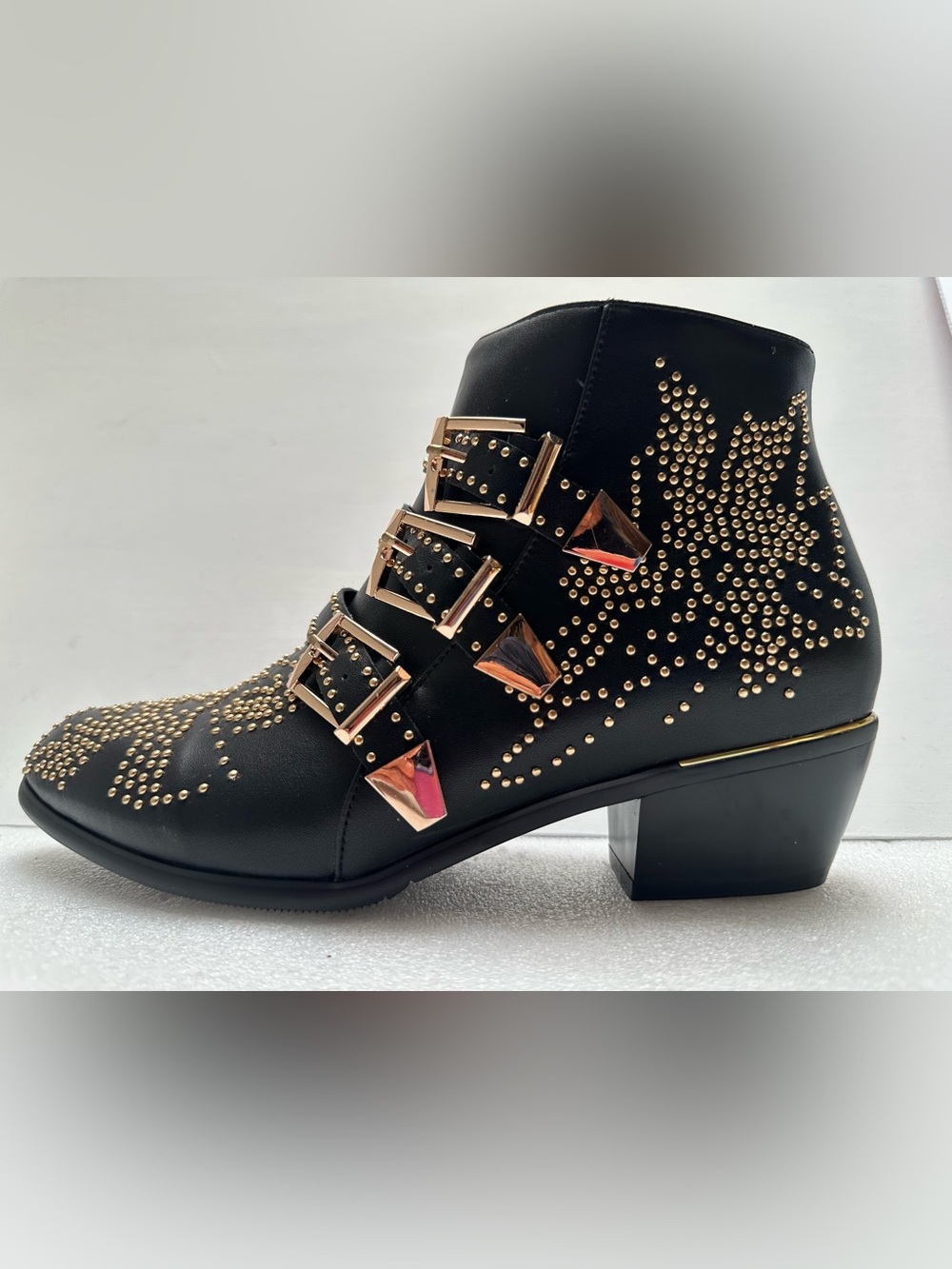 NEW SIZE 9 ANKLE BOOTS STUDDED Buckle Western Cowboy Punk Block Heel ZIP BLACK
